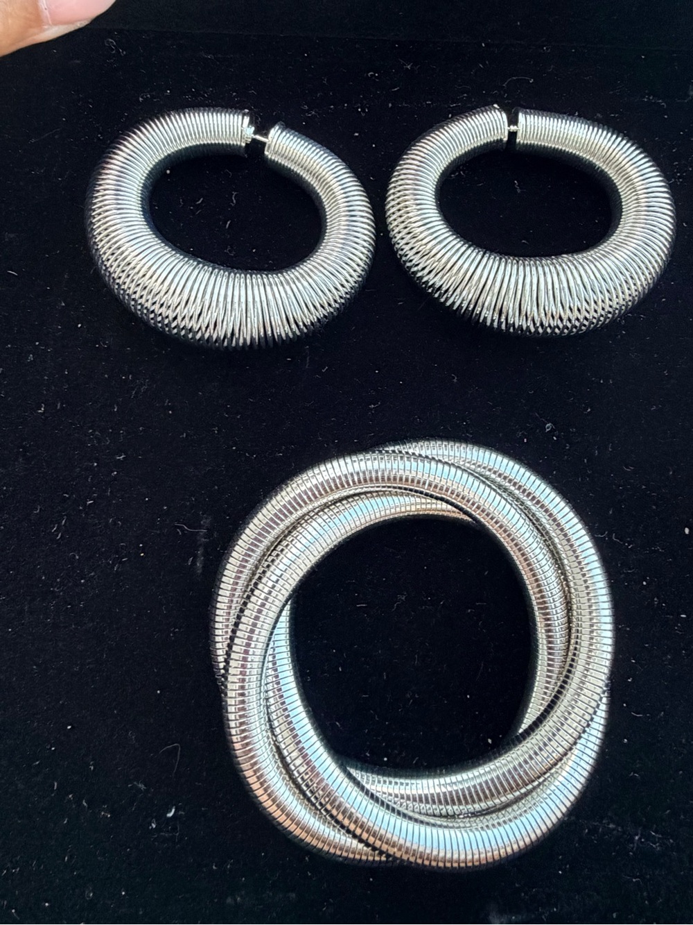 Classic Silver Coil Hoop Earrings and Multi-Strand Bangle Set